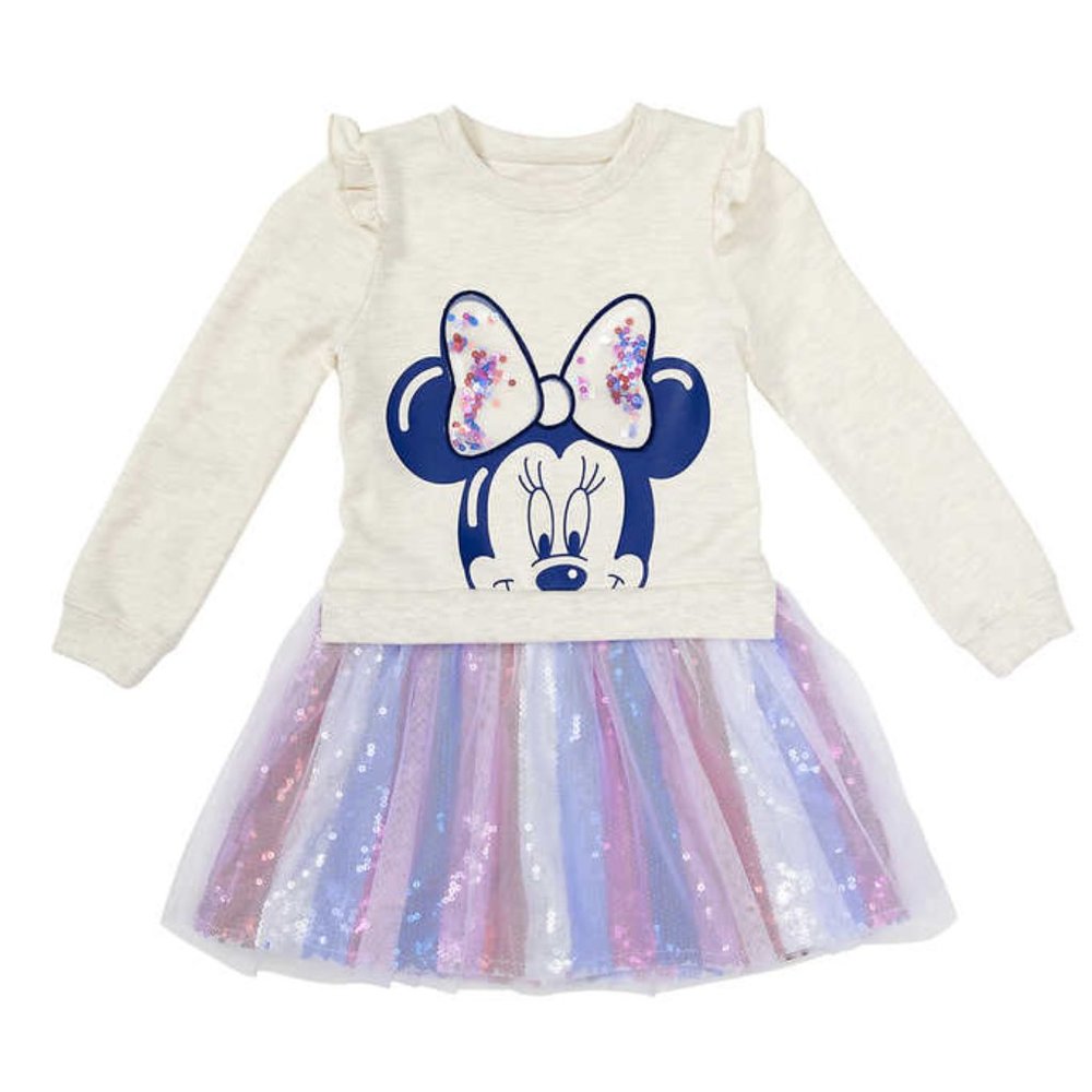 Disney Kids' Sweatshirt Dress Minnie Ruffle Shoulders - Cream/Purple - Picture 3 of 4